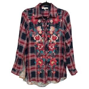 ANDREE BY UNIT Floral Plaid Embroidered Button Down Blouse Size S Mixed Media